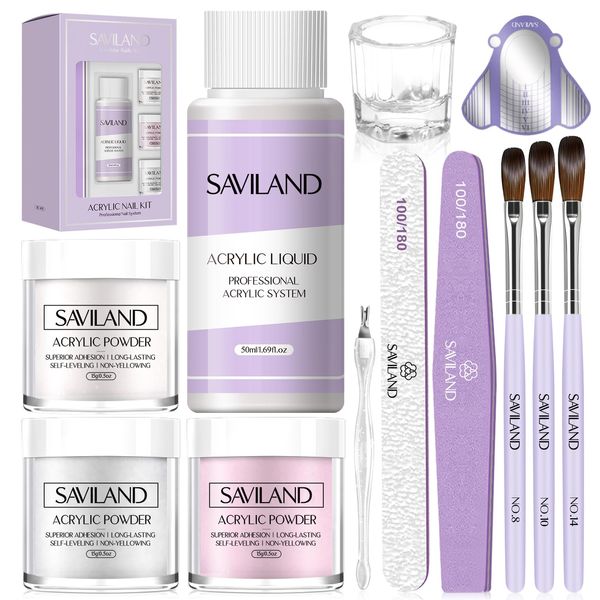 Saviland Acrylic Nail Kit: Professional Acrylic Nail Kit 15g Clear/White/Pink Acrylic Powder nail Kits Acrylic with Everything Monomer Liquid Acrylic Nail Brush Nail Forms Dappen Dish Gift Set