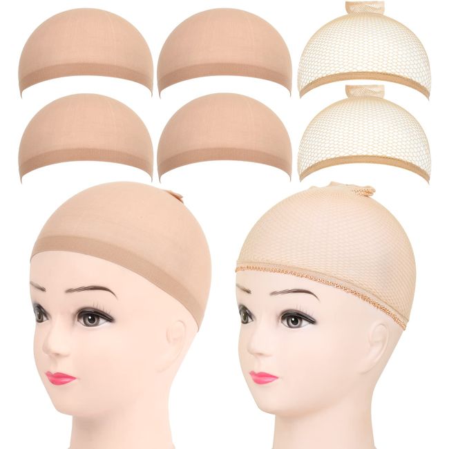 FANDAMEI 6 Stück Haarnetz Nylon, Wig Caps Perücke Kappen Perückenkappe Set Unterziehhaube Dehnbare Elastische Perückennetz Atmungsaktive 4 Beige Perückenkappen + 2 Haarnetz