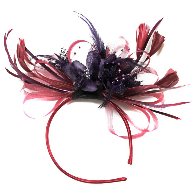 Caprilite Fashion Burgundy and Purple Fascinator Headband Net Hoop Feather Hair Wedding Royal Ascot Races