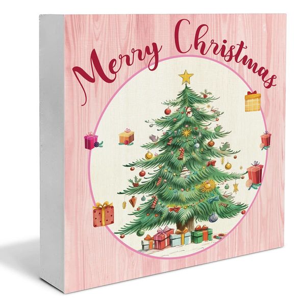 Pink Christmas Decor, Merry Christmas Wooden Sign Home Decor, Christmas Tree Wooden Block Sign, Christmas Decor for Table Shelf 5 x 5 Inch