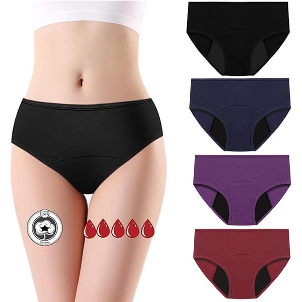 flintronic Women's Period Underwear, Menstruation Underpants, Cotton Period Briefs, Postpartum Briefs, Leak-Proof Menstruation Briefs, Red + Black + Purple + Blue