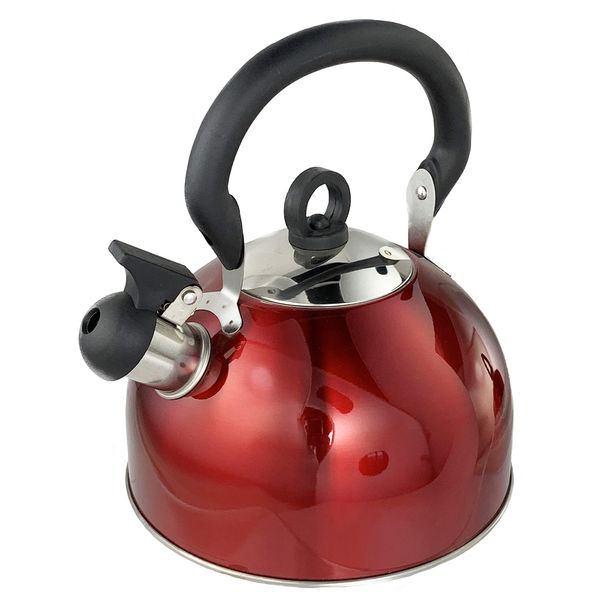 Buckingham Red Colour Coated Stainless Steel Retro Whistling Kettle 2.5 Litre with Heat Resistant phenolic Handle, 2.5 L