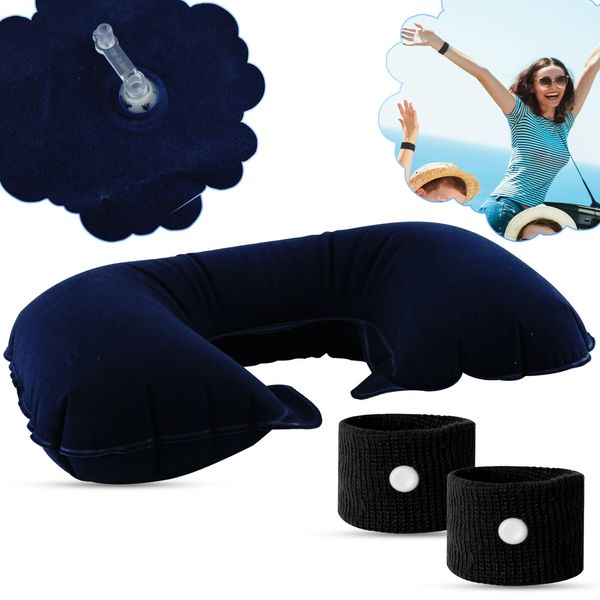 3Pcs Travel Sickness Set, Inflatable Travel Pillow and Motion Sickness Bands, Foldable U-Shape Neck Support Cushion and Elasticated Anti-Nausea Wristbands