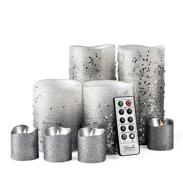 Furora LIGHTING Silver Glitter LED Candles with Remote and Timer, 4 Pillars and 4 Votives Pack of 8, Real Wax Flameless Flickering Candles for Home Décor, Battery Included