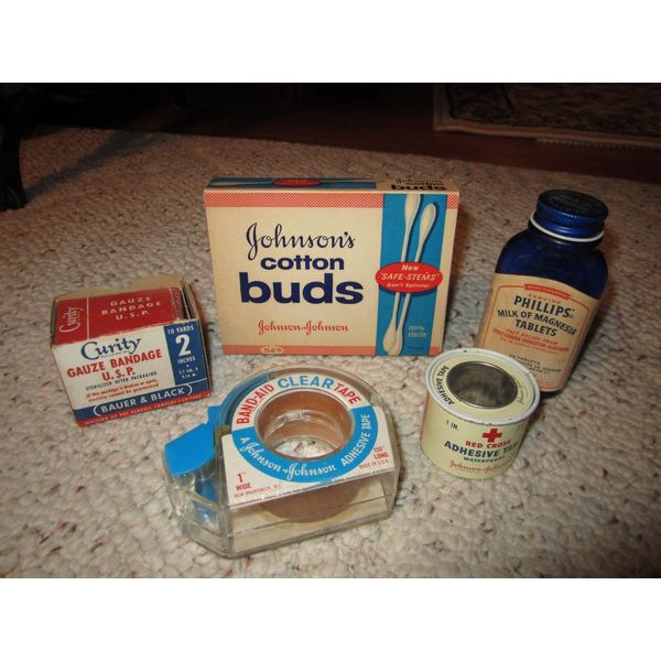 5 Vintage First Aid Items Cotton Buds, Gauze Bandage, Adhesive Tape Etc.