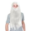 UILYNIU White Wizard Adult Wig and Beard Set Mens Wigs Long Curly Fluffy Wig and Moustache Cosplay Costume Parties Halloween Wig Beard Fancy Dress Costume Themed Partie Grandpa Costume Set (White)