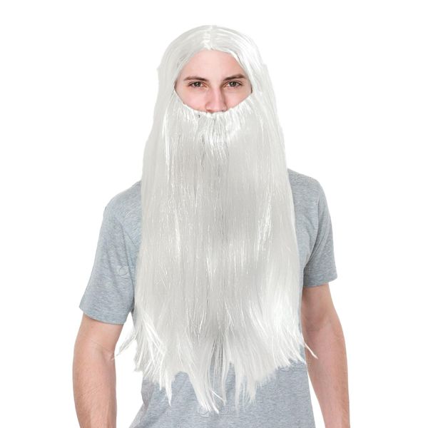 UILYNIU White Wizard Adult Wig and Beard Set Mens Wigs Long Curly Fluffy Wig and Moustache Cosplay Costume Parties Halloween Wig Beard Fancy Dress Costume Themed Partie Grandpa Costume Set (White)