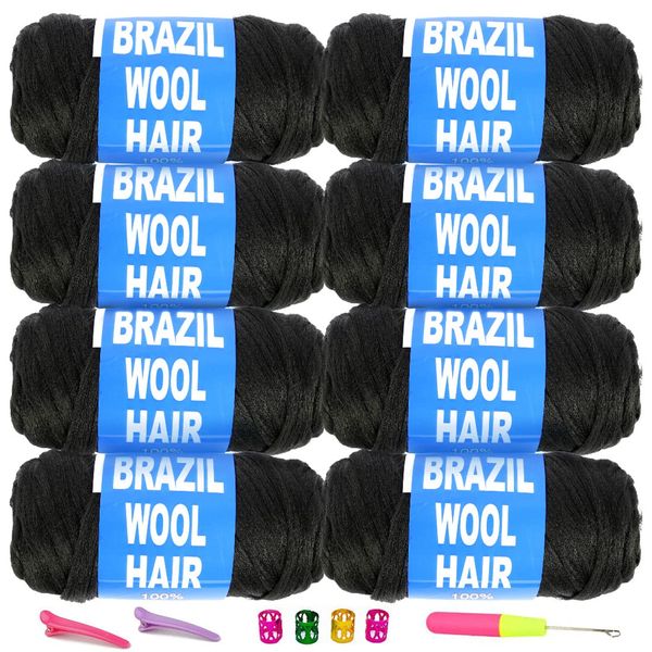 Brazilian Wool Hair Yarn for Braids 100% Brazilian Wool Hair Acrylic Yarn for African Braids/Spring Twist/Faux Locs/Wraps with Crochet Hook(8 Roll, Natural Black)