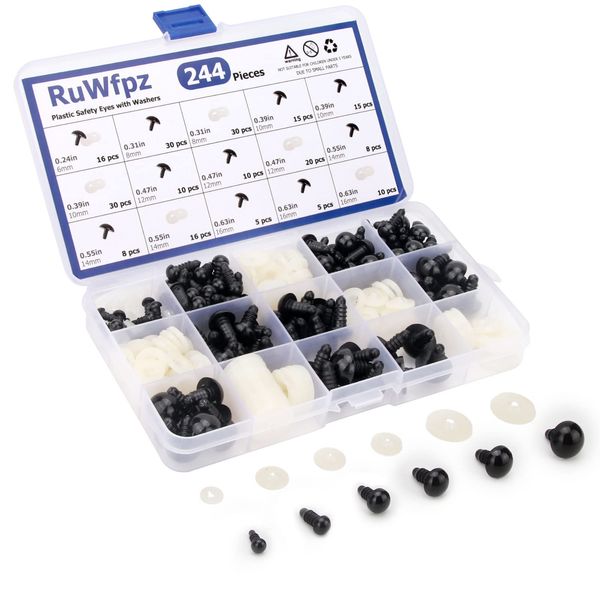 RuWfpz Sicherheitsaugen für Häkeltiere Amigurumi 6-16mm - 6 Größen Puppenaugen Häkel Amigurumi Augen für Kuscheltiere, 244 Stück Schwarz Kunststoff Teddyaugen Knopfaugen zum annähen