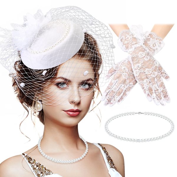 3 Pieces Fascinator Hat for Women Tea Party Derby Hat with Veil Feather Funeral Headpiece Lace Gloves Pearl Necklace (White)