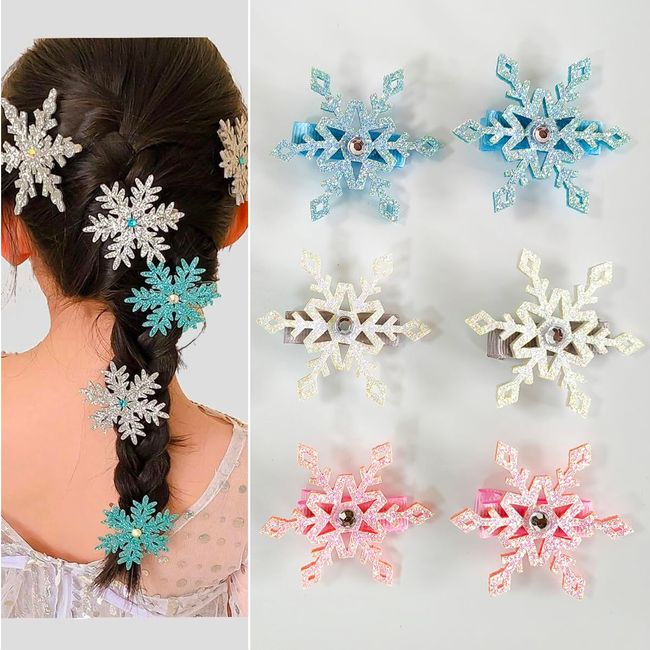 6PCS Princess Snowflake Hair Clip, Blue White Pink Snowflake Hair Accessories, Small Girl Hair Clip, Glitter Snowflake Barrettes, Girls Gift Hair Clips