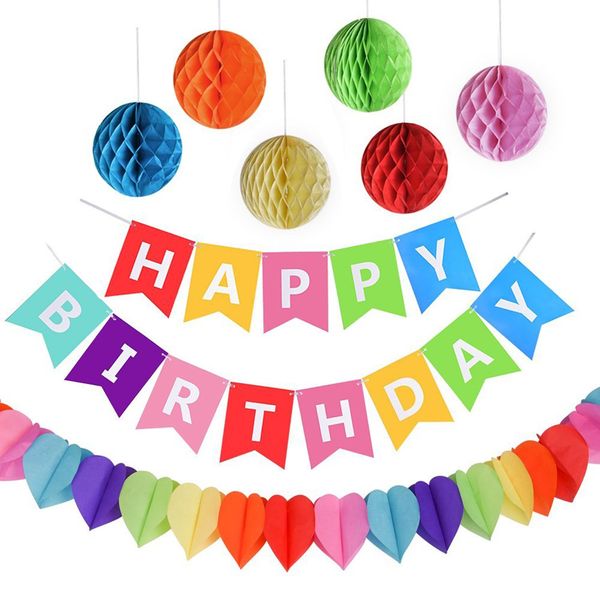AMEITECH Birthday Party Decorations Favors, Happy Birthday Decoration Banner with 6 Pack Honeycomb Balls and One Rainbow Paper Garland, Party Supplies