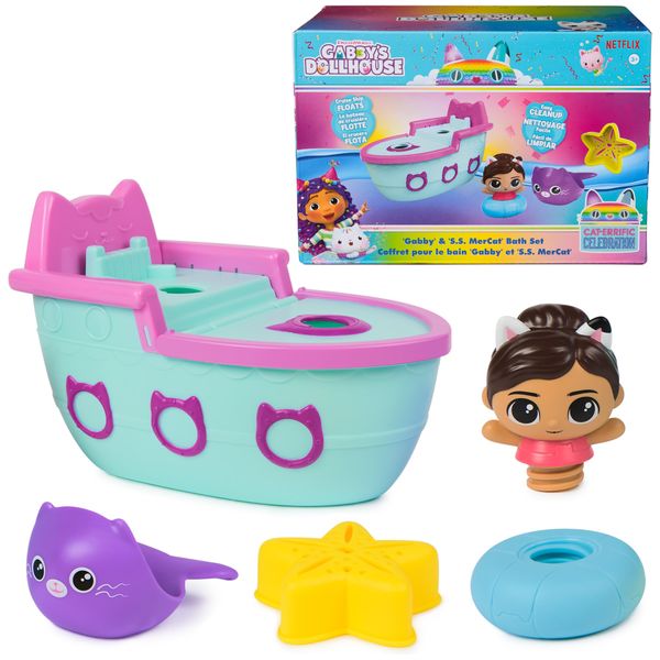 Gabby’s Dollhouse: Gabby & SS Mercat Bath Set, Floating Toddler Bath Toys with Cruise Ship & Squirter, Kids Toys for Girls & Boys Ages 3+