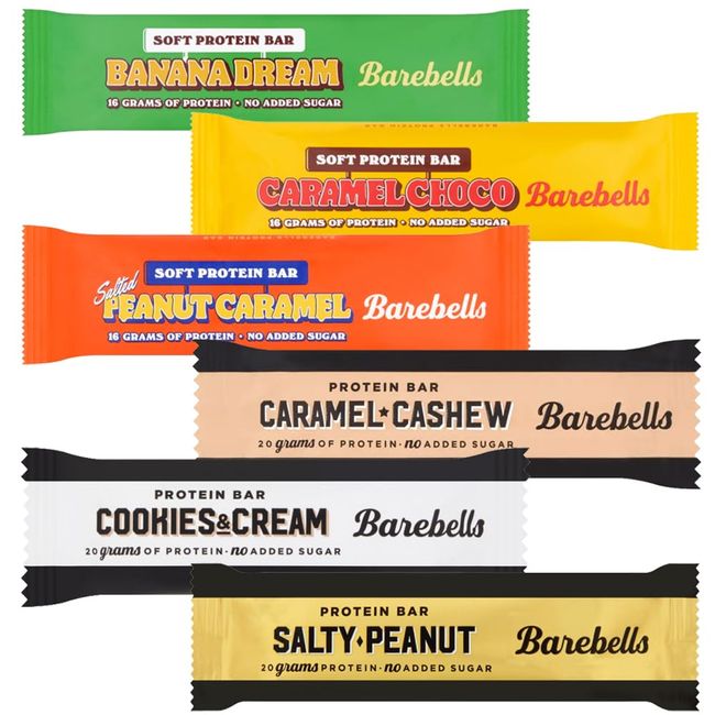 Mixed Pack of 6 Barrebells Protein Bars (55g Each) - High Protein, No Added Sugar, Delicious Flavors Caramel Cashew, Banana Dream, Salty Peanut, Salted Peanut Caramel, Caramel Choco, Cookies & Cream