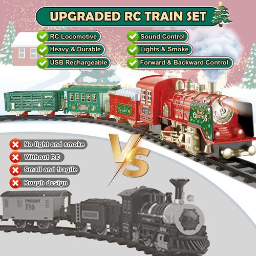 Christmas Train Set - Updated Remote Control Christmas Train Toys w/Smoke, Sounds, Lights, Rechargeable Electric Train for Around Christmas Tree, Train Toys Gifts for 3 4 5 6 7 8+