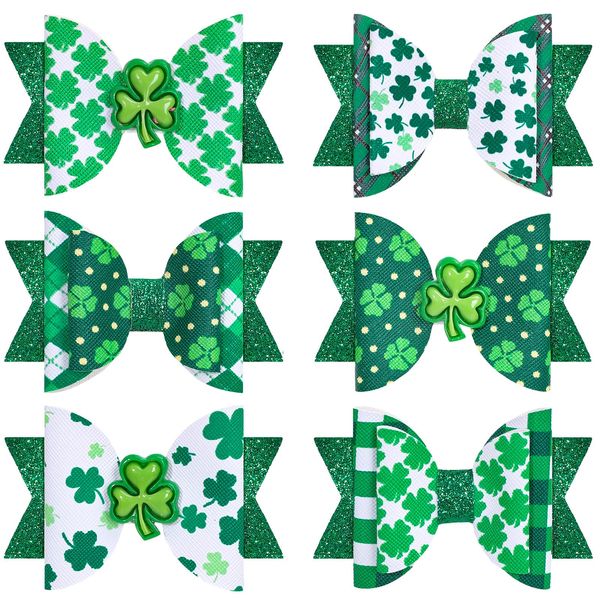 Whaline 6Pcs St. Patrick's Day Hair Bow Clips Glitter Shamrock Leather Bow Hair Pins Green Clover Bow Alligator Hair Barrettes for Toddlers Teens Girls Kids Irish Holiday Party Hair Accessories