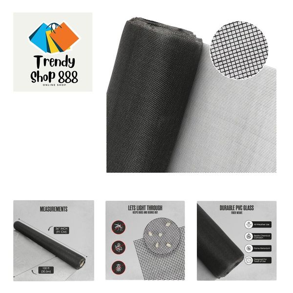 Fiberglass Window Screen Roll, Replacement Mesh, 36” x 100’, Black, Repair Ki...