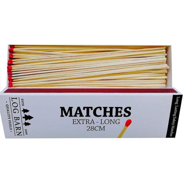 Log Barn 28cm Extra-long Safety Matches, 1 Box (90 Matches Per Box). Long-lasting Camping Matches for Wood Burners, Fire Pits, Ovens. Extra Strong BBQ Fire Lighters - Genuine Log Barn Match Lighters