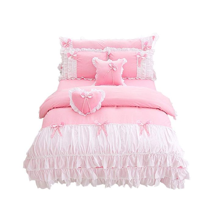 Lotus Karen Shaggy Chic Ruffle 3-Piece Duvet Cover Set- Soft Cotton Girls Bedding with Cute Bow-Knots-Sweet Pink Princess Bed Set Twin Size(1Duvet Cover/2Pillowcases)