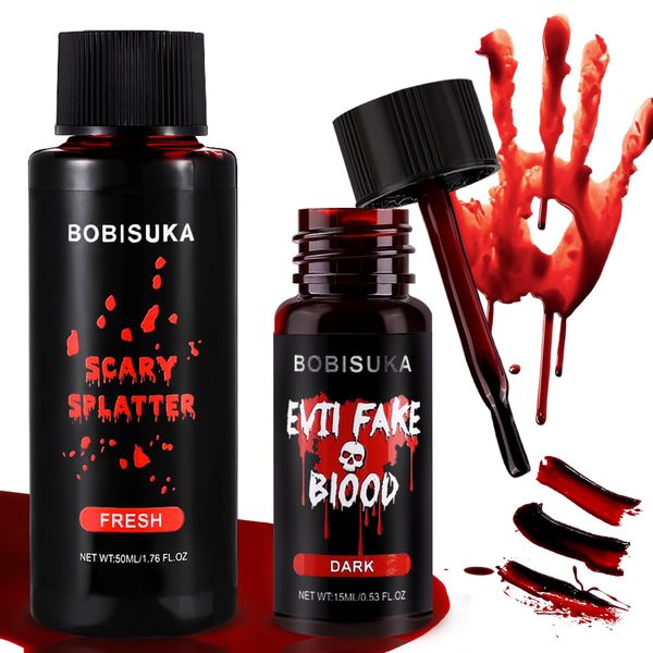 BOBISUKA 2PCS Halloween Fake Blood Makeup Kit - Includes Washable Realistic Fresh Squirt Liquid Blood, Dark Coagulated Blood Gel, For Zombie Vampire Scary Clown Monster Clothes Cosplay SFX Special Eff