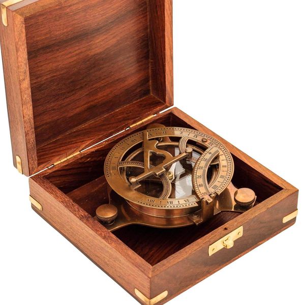 Antique Sundial Compass Replica Solid Brass Pocket Sundial West London with Wooden Box