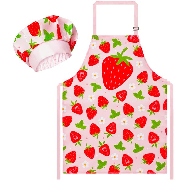 R HORSE Kid Apron and Chef Hat Set - 2Pcs Strawberry Adjustable Children Kitchen Apron Dress up Role Play Chef Toy Cooking Gift Birthday for Girls Cooking Baking Painting and Training