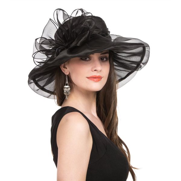 Saferin Women Oganza Summer Sun Hat Beach Church Hat Ascot Race Derby Hat Cocktail Wedding Black Bowknot