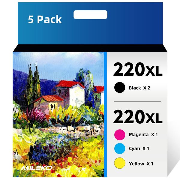 MILEKO Remanufactured Ink Cartridge Replacement for Epson 220XL (Black (2 Nos), Cyan, Magenta and Yellow, 5-Pack)