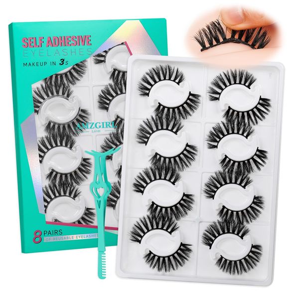 Self Adhesive Eyelashes No Glue Needed, Lash Clusters 8 Pairs Reusable Adhesive Eyelashes,Waterproof Wispy Lashes with Tweezer for Lash Extension at Home by AMZGlRL(Chocolate D-mix 12-15mm)