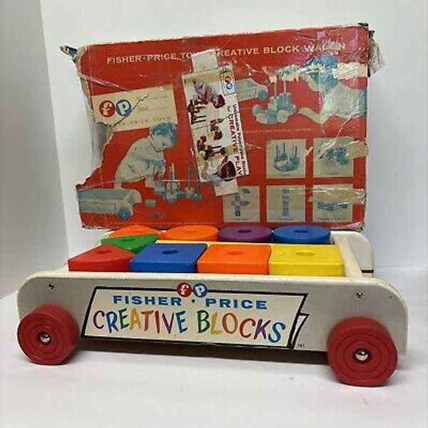 Vintage Fisher Price Creative Blocks Wooden Wagon w/Plastic Blocks