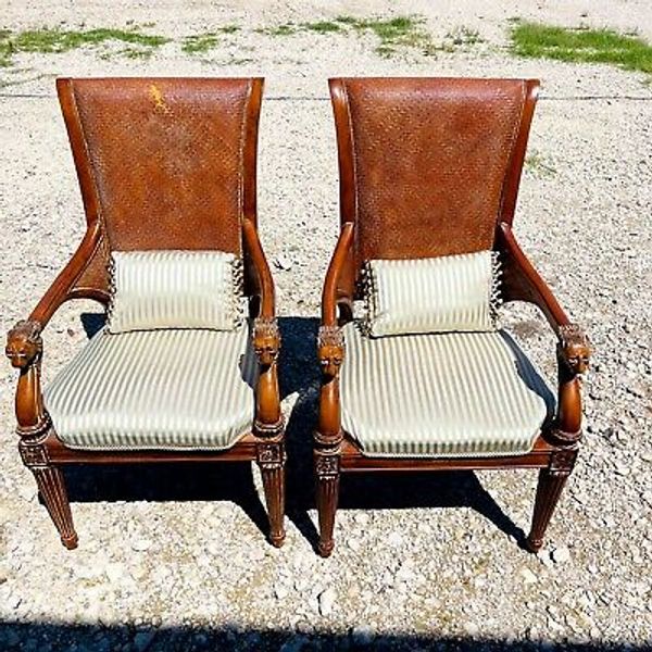 Set of 2 Brown Wood Leather Back Seat Beautiful Pair Of Armchair For Office