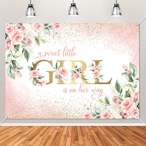 Avezano Girl Baby Shower Backdrop Pink Floral Sweet Baby Baby Shower Banner A Sweet Little Girl is on Her Way Party Decorations Banner (7x5ft)