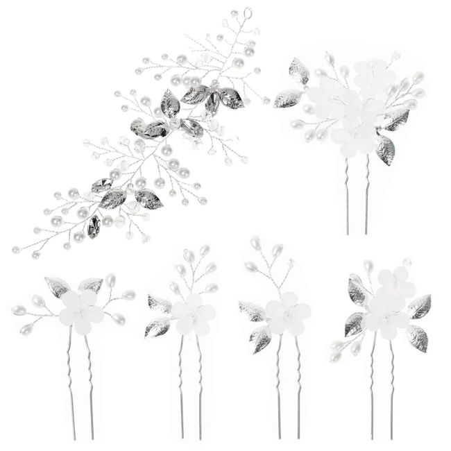 Zasvec Blumenschmuck Hochzeit Braut Hochzeit Blume Haarnadeln Perle Brautschmuck Hochzeit Haarschmuck Silber Kristall Reben Blume Blatt Kopfschmuck für Frauen und Mädchen 6 Pack