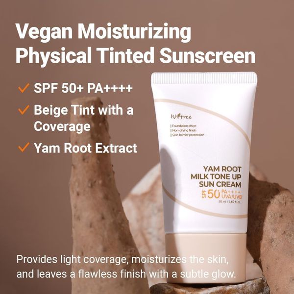 ISNTREE Yam Root Milk Tone Up Sun Cream 50ml, 1.69 fl.oz | Moisturizing tinted SPF50+ PA++++ | Natural Coverage | Vegan skincare | Korean skin care