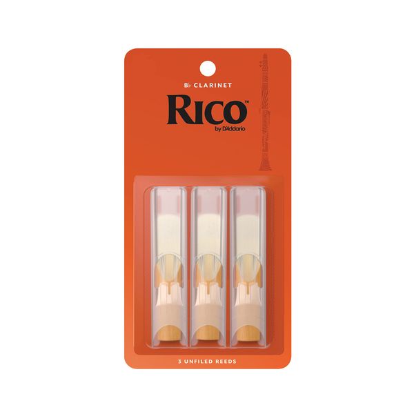 D’Addario Woodwinds Rico Woodwinds Bb Clarinet Reeds - Reeds for Clarinet - Thinner Vamp Cut & Unfiled for Ease of Play, Traditional Blank for Clear Sound - Clarinet Reeds 2 Strength, 3-Pack