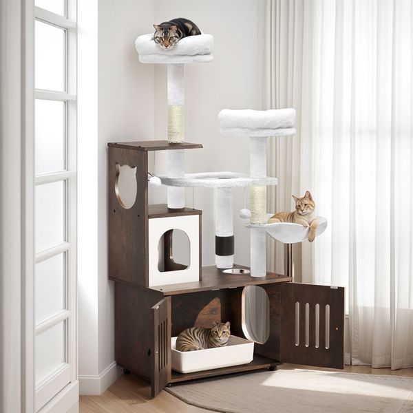 Cat Tree Tower Tall with Hidden Pet Litter Box Wooden Enclosure Door for Indoor