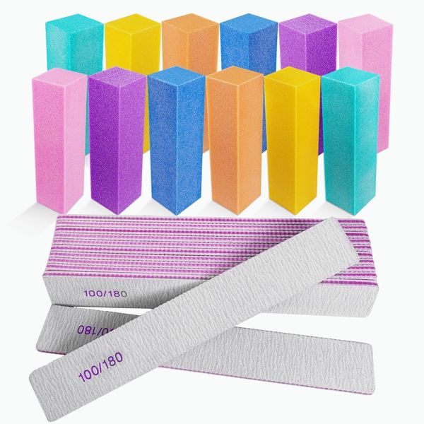 Nail Files and Buffers (24 Pack), Nail Buffer Block Nail File Set for Acrylic and Natural Nails, Professional Manicure Tool 4 Sides 100/120/180 Grit Emery Board Sponge Buffing Buffers Blocks Gray