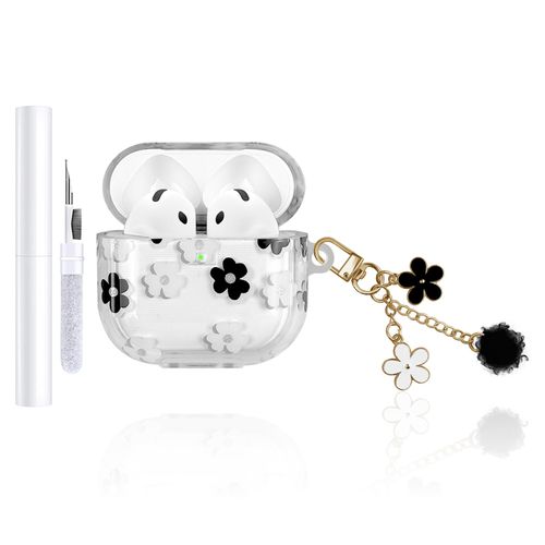 AZGYIAI Compatible with Apple AirPods 4th Generation Case (2024), Soft TPU with Cute Flower Pattern for AirPods 4 Case with Flower Keychain and Cleaning Kit for Girls Women (Black)