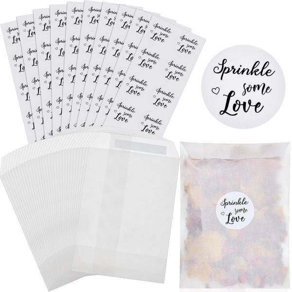 Tenare 100 Pcs Wedding Confetti Bags Set, Includes 100 Pcs 3.54 x 5.31 in Wedding Confetti Glassine Bags Paper Favor Bags Glassine Envelopes and 100 Wedding Confetti Stickers (White,Elegant Style)