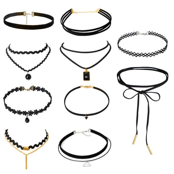 OMCGG 10PCS Black Choker Necklace Set, Stretch Velvet Gothic Choker 90s Classic Novelty Choker for Women Girls Party Cosplay Dress Decorations Gift