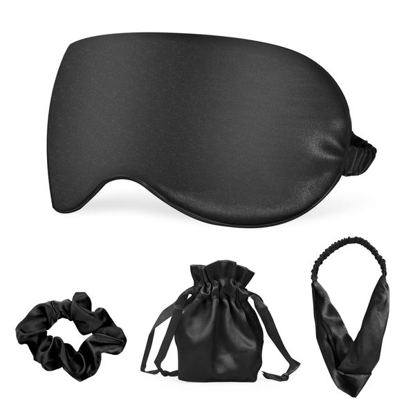 Sleep Masks Silk Sleep Eye Mask Travel Set Soft Sleeping Eye Mask with Hair Scrunchie Head Band and Travel Pouch for Girls Ladies 4 Pcs Black