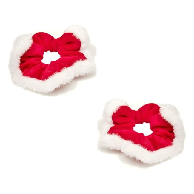 2 x Red Velvet & White Faux Fur Trim Festive Christmas Santa Hair Scrunchies Bobbles Ponios Hair Elastics