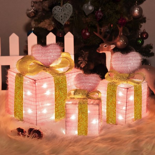 Wedding Decorations Light up Gift Boxes with Pink Heart, Light up Xmas Boxes with Battery Operated for Wedding Christmas Valentine's Day Decorations Indoor and Outdoor (3 Pack) (Pink Heart)