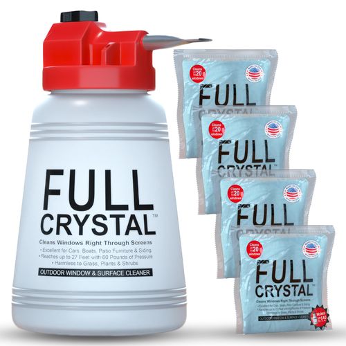 Full Crystal Window Cleaning Kit – 16 oz Glass Cleaner and Bottle with 27 ft Reach, Each 4 oz Bag Makes Up to 640 fl oz, Cleans Up to 80 Windows, Scrub-Free, Rinse-Free