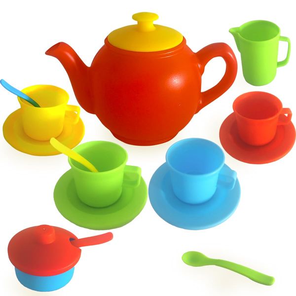 Pretend Play Kids Tea Party Set - 17 pcs Tea Cup Set for Kids Dish Washer Safe Plastic Tea Set for Toddlers, Juego de te para niñas, Girls Tea Set, Toy Dishes