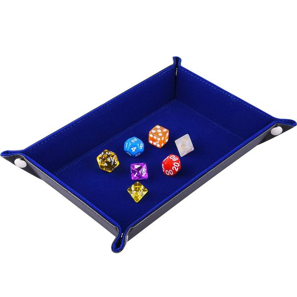 SIQUK Double Sided Dice Tray, Folding Rectangle PU Leather and Dark Blue Velvet Dice Holder for Dungeons and Dragons RPG Dice Gaming D&D and Other Table Games