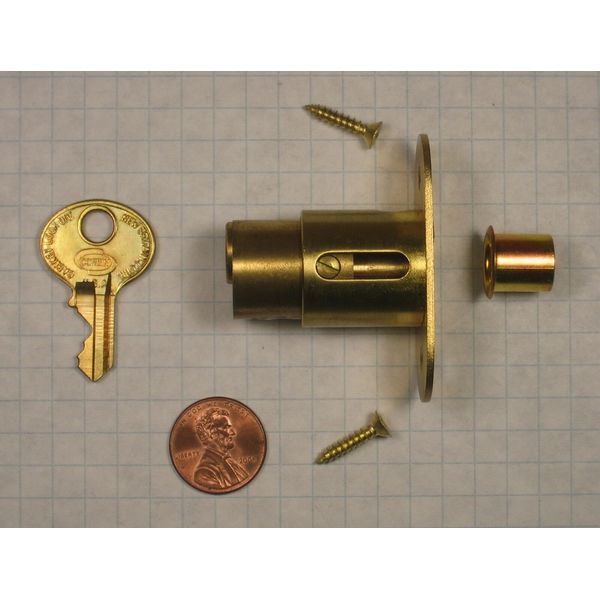 CORBIN #02290 SLIDING DOOR LOCK, 7/8" LENGTH, SATIN BRASS, KEY #4T168