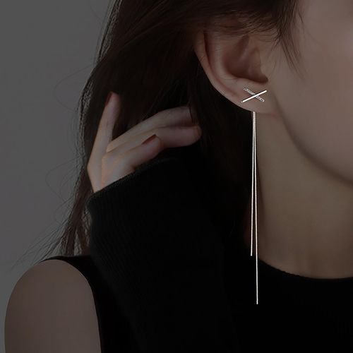 TseanYi CZ X Long Chain Earrings Silver Long Dangle Earrings Small Crystal X Jacket Earrings Long Chain Drop Front Back Earrings Vintage Two Way Earrings