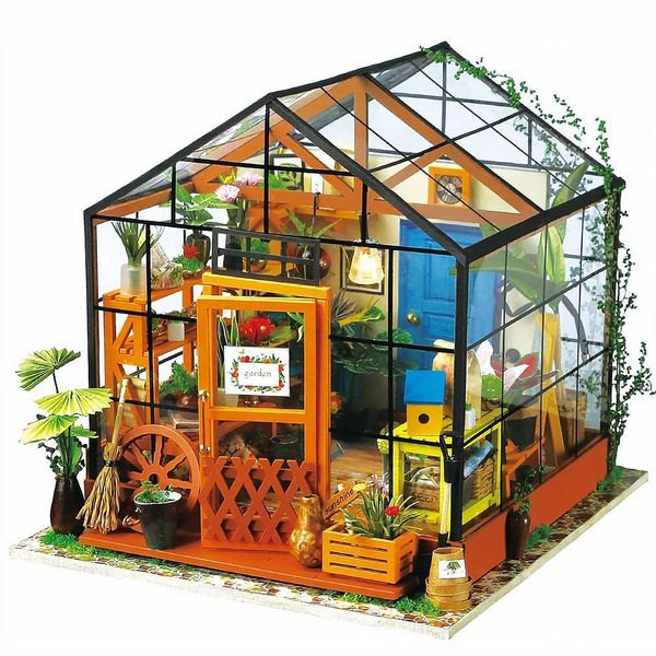 ROBOTIME DIY Dollhouse Wooden Miniature Furniture Kit Mini Green House with LED Best Birthday Gifts