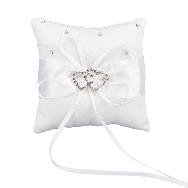 CRASPIRE Wedding Ring Bearer Pillow 10x10cm Ring Cushion Ring Holder Marriage Couple Bowknot White Bow knot with Rhinestone Diamonds Double Hearts for Wedding Propose Bride Engagement Ring Box